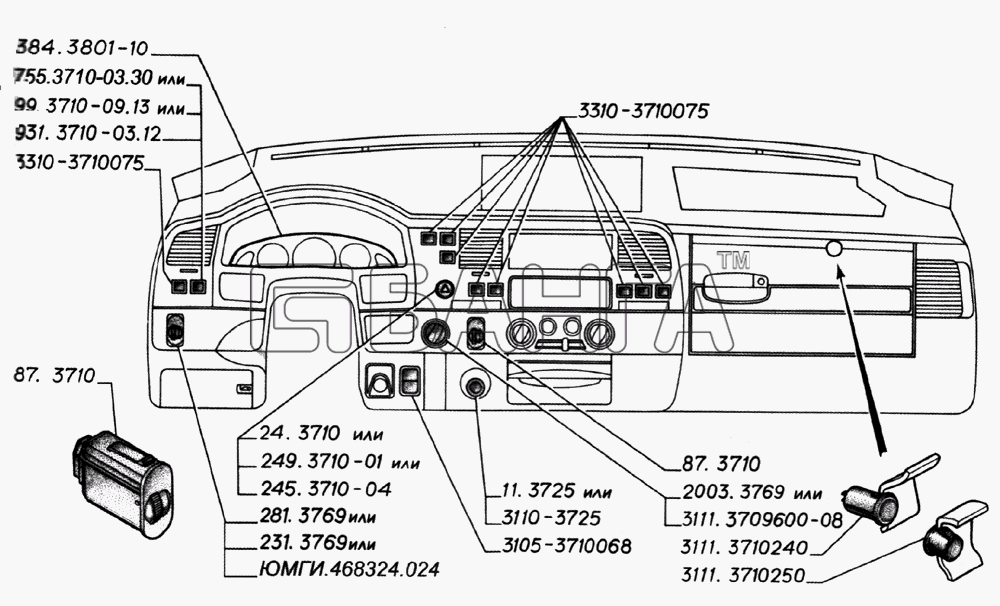 ГАЗ ГАЗ-2705 (дв. ЗМЗ-402) Схема Органы управления на панели приборов
